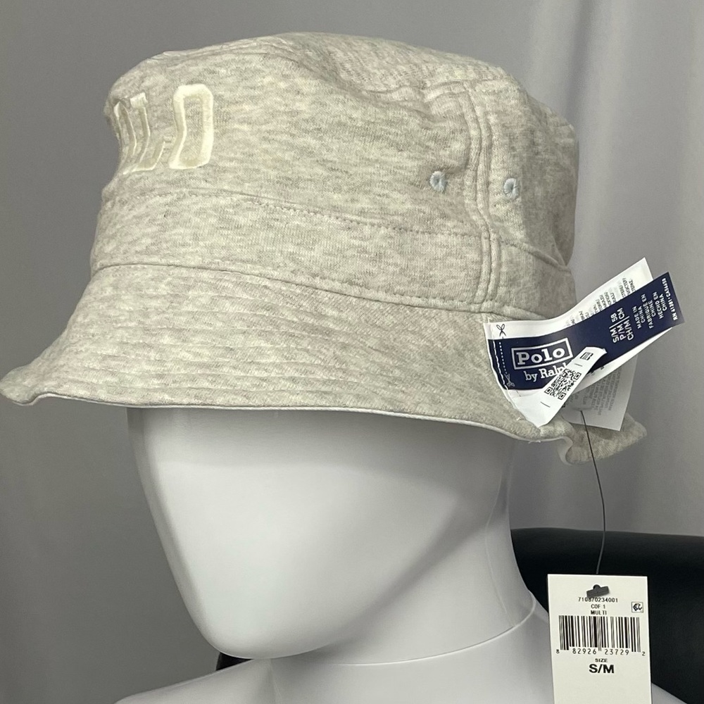 New Small/Medium Polo Ralph Lauren Gray White Spellout Bucket Hat Cap Reversible - Picture 6 of 6